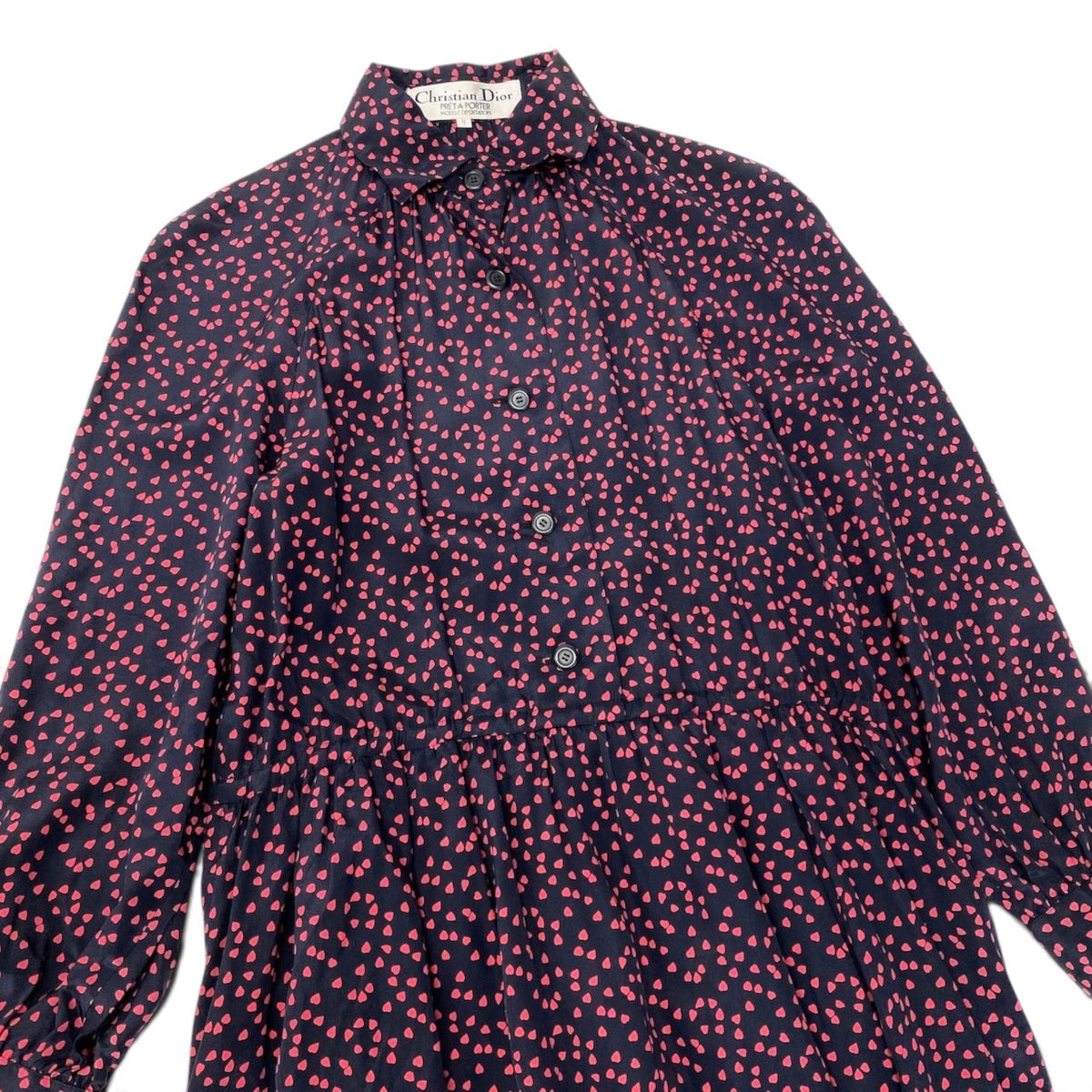 88i15 Christian Dior クリスチャンディオール ロングスリーブ シルクシャツワンピース 総柄 ハートプリント サイズ7 ネイビー レッド レディースo07t