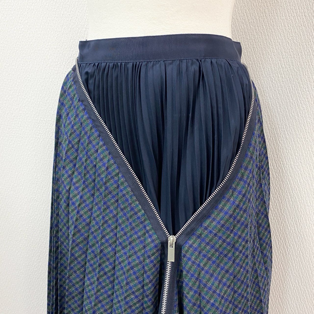 72a14 Sacai サカイ Zip Detail Pleated Skirt ジップデザイン プリーツスカート 19-04598 1 ネイビー 画像参照 日本製 チェック柄