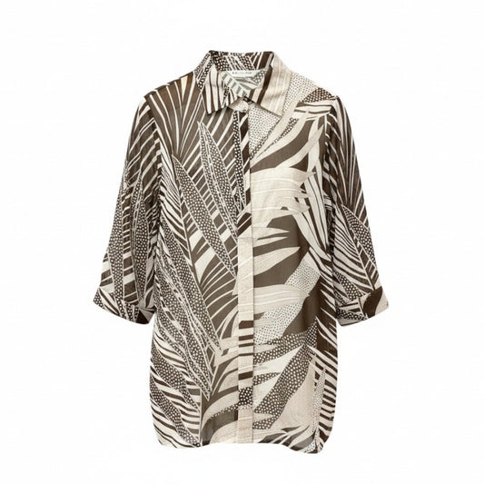 58b17 【美品】 レオナール 七分袖シャツ シアー 総柄  40 ブラウン レディース 女性用u02t