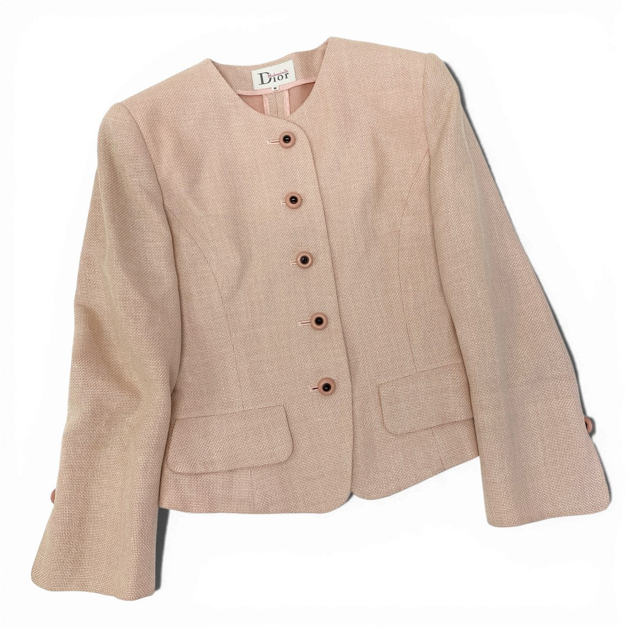 76a28 Vintage Dior Mademoiselle ディオール マドモアゼル クロップドジャケット スカート セットアップ 装飾ボタン M ピンク レディースu02t