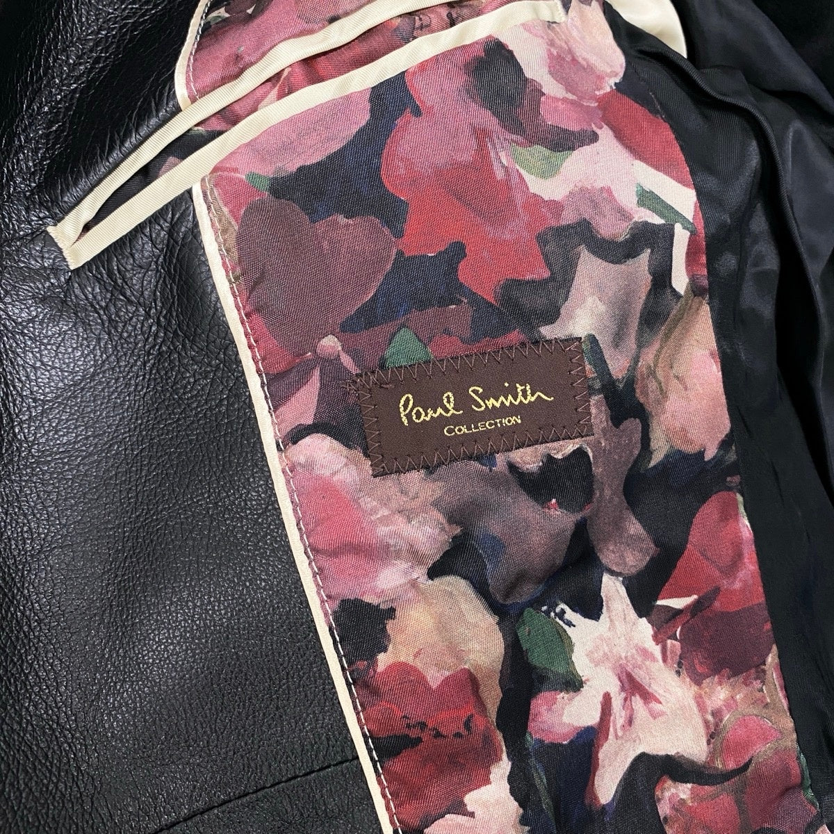30h22 Paul Smith ポールスミス テーラードジャケット レザージャケット 裏地プリント サイズM ブラック 羊革 メンズo07t