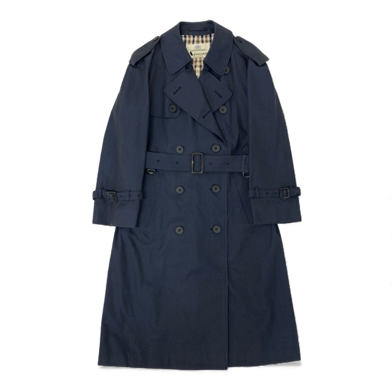 51Ⅼ2 Aquascutum OF LONDON アクアスキュータム 英国製 トレンチコート ロングコート 裏地チェック柄 メンズ 紳士服 ネイビー コットン100％u02t