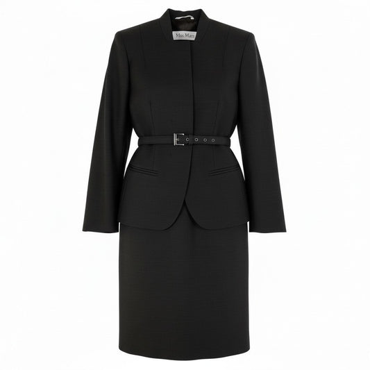 2d16 Max Mara マックスマーラ セットアップ スカートスーツ 比翼ジャケット 膝丈スカート ベルト付 サイズ36 ダークブラウン レディース 女性用u02t