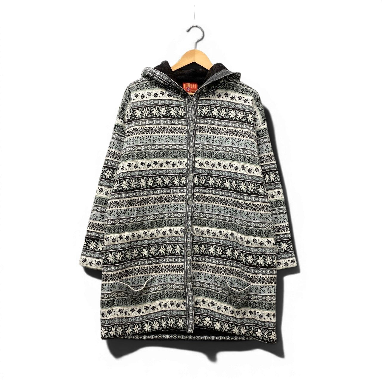 74e18 KENZO jungle ケンゾー フーディーニットロングカーディガン パーカー キルティング 花柄 総柄 Mサイズ グレー系 レディース 女性用u02t