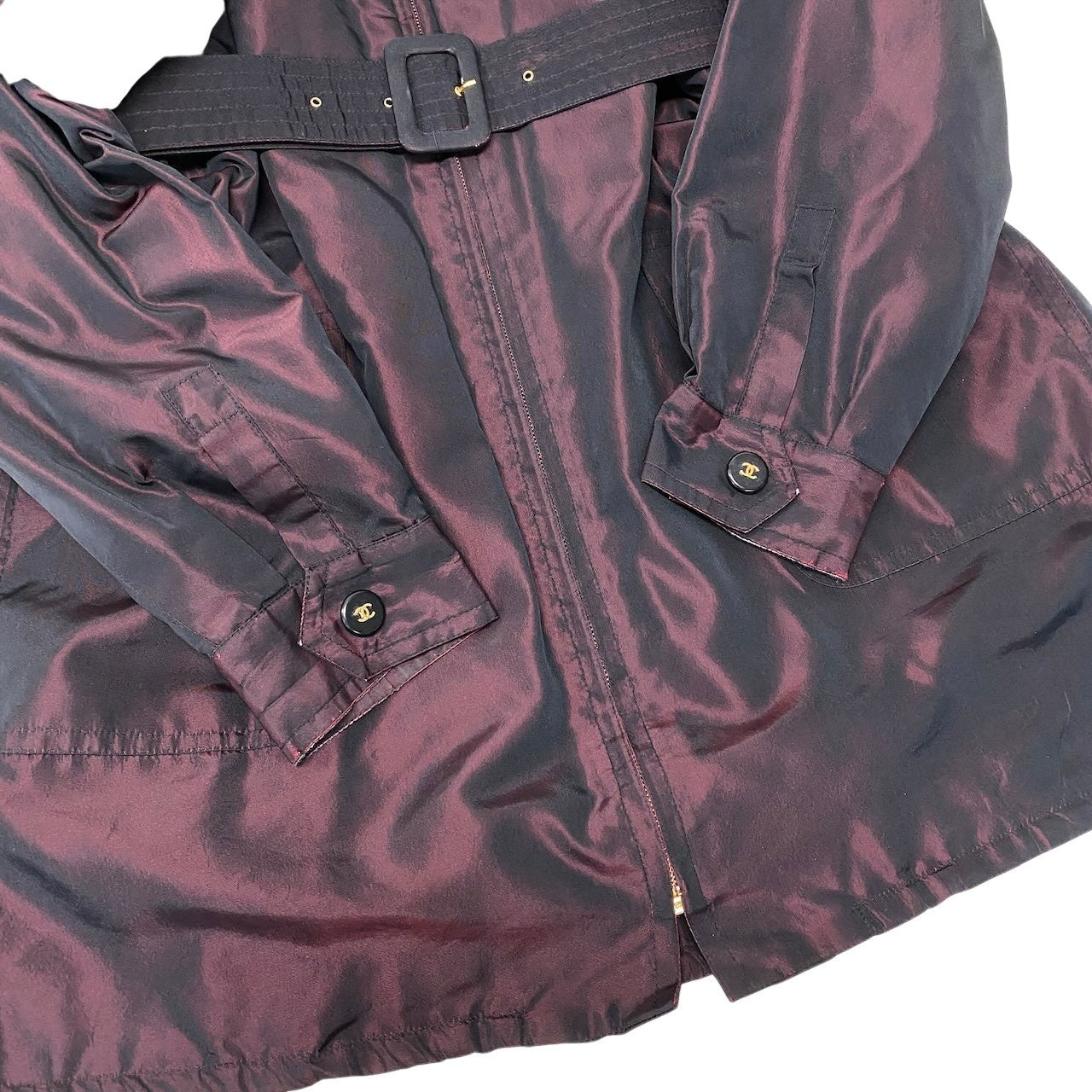 Cf9 CHANEL シャネル ヴィンテージ ココボタン シルクタフタコート Vintage CC Silk Taffeta Coat ボルドーt18r