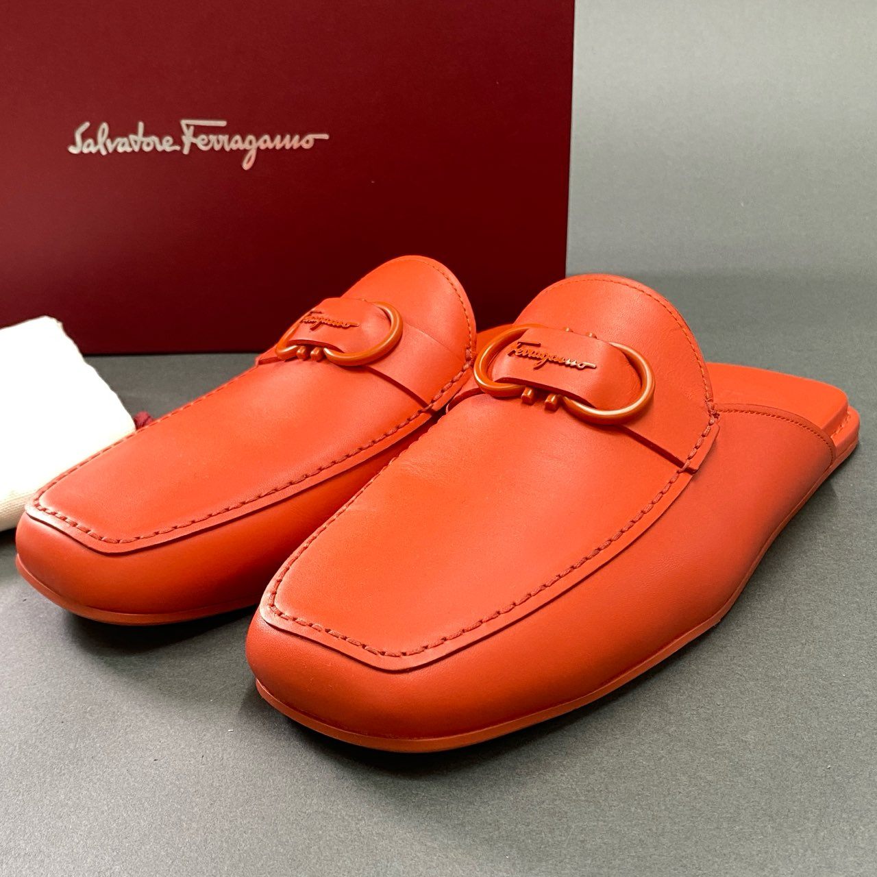 12k6 Salvatore Ferragamo サルヴァトーレ フェラガモ 2022SS ガンチーニ レザーサンダル スリッパシューズ サイズ10 M オレンジ レザー メンズ 男性用 レザーシューズ 靴