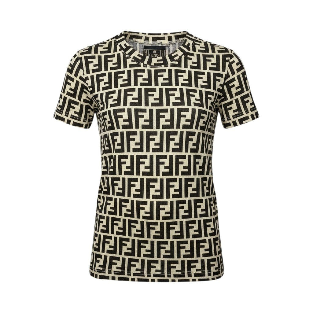 Ic30 FENDI フェンディ ズッカ柄 シアーカットソー 半袖Tシャツ 総柄 ストレッチ レディース 女性服 イタリア製40 ベージュ系u02t