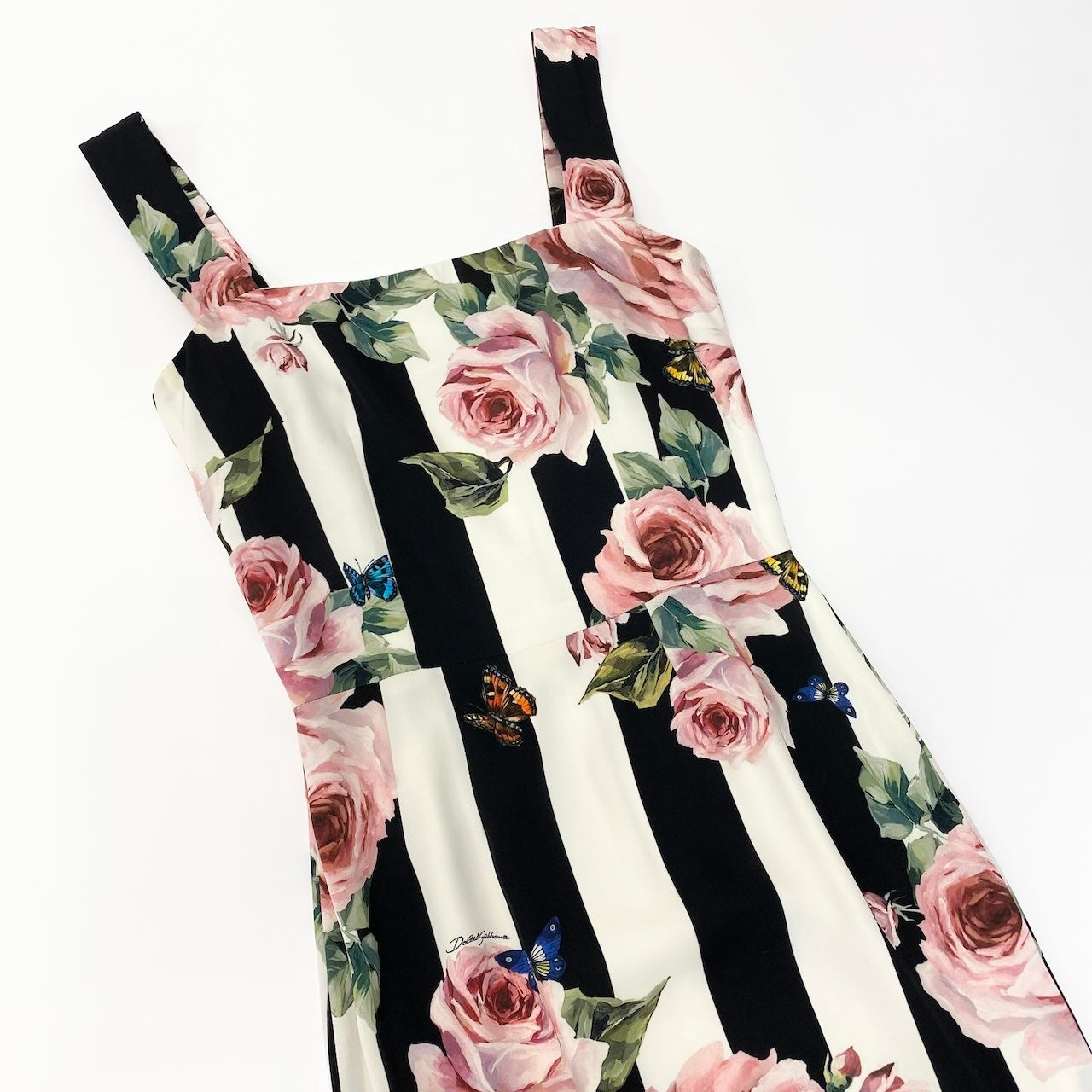 42c24 DOLCE＆GABBANA ドルチェアンドガッバーナ シルクロングドレスワンピース ノースリーブワンピース ストライプ 薔薇 蝶  36サイズ マルチカラー レディース 女性用o07t