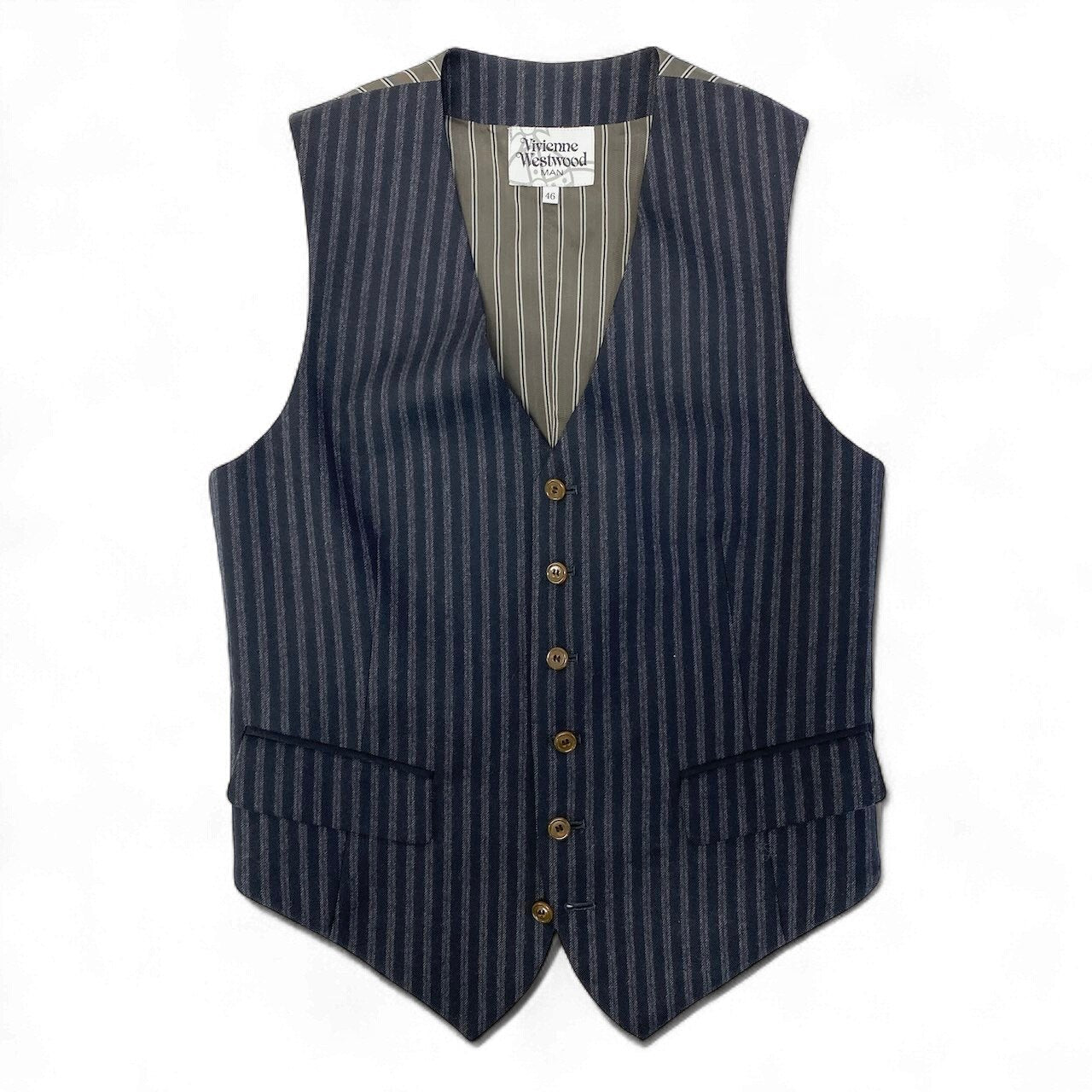 20d30 VivienneWestWood MAN ヴィヴィアンウエストウッドマン 異素材切替 ジレベスト ストライプ柄 サイズ46 ネイビー グレー メンズ 紳士服u02t