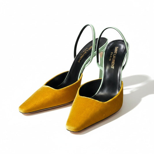 g14【美品】SAINT LAURENT スリングバック パンプス イタリア製 36サイズ イエロー グリーン ベルベット レザー レディース 女性用k02i