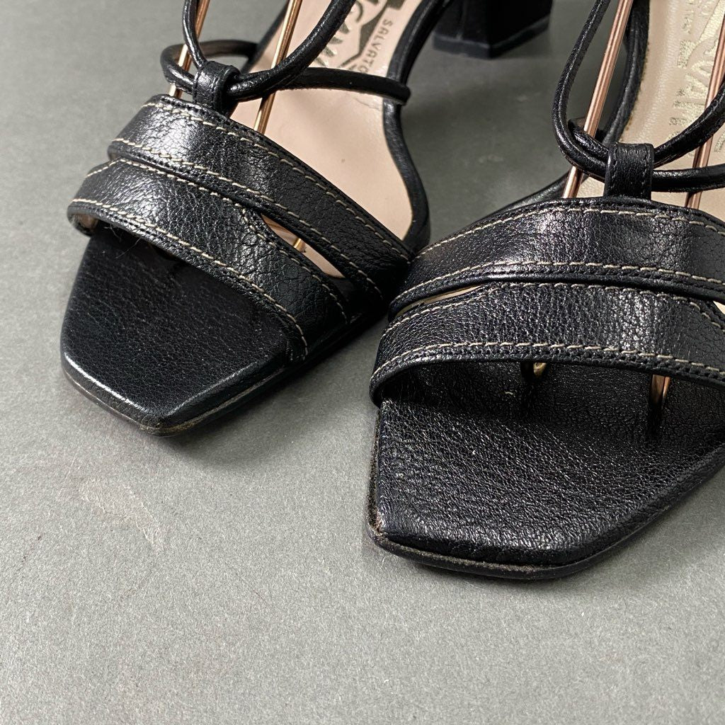 3f4 《極美品》定価￥90,300  Salvatore Ferragamo サルヴァトーレ フェラガモ レザーストラップ ヒールサンダル 6 1/2 ブラック leather シューズ イタリア製