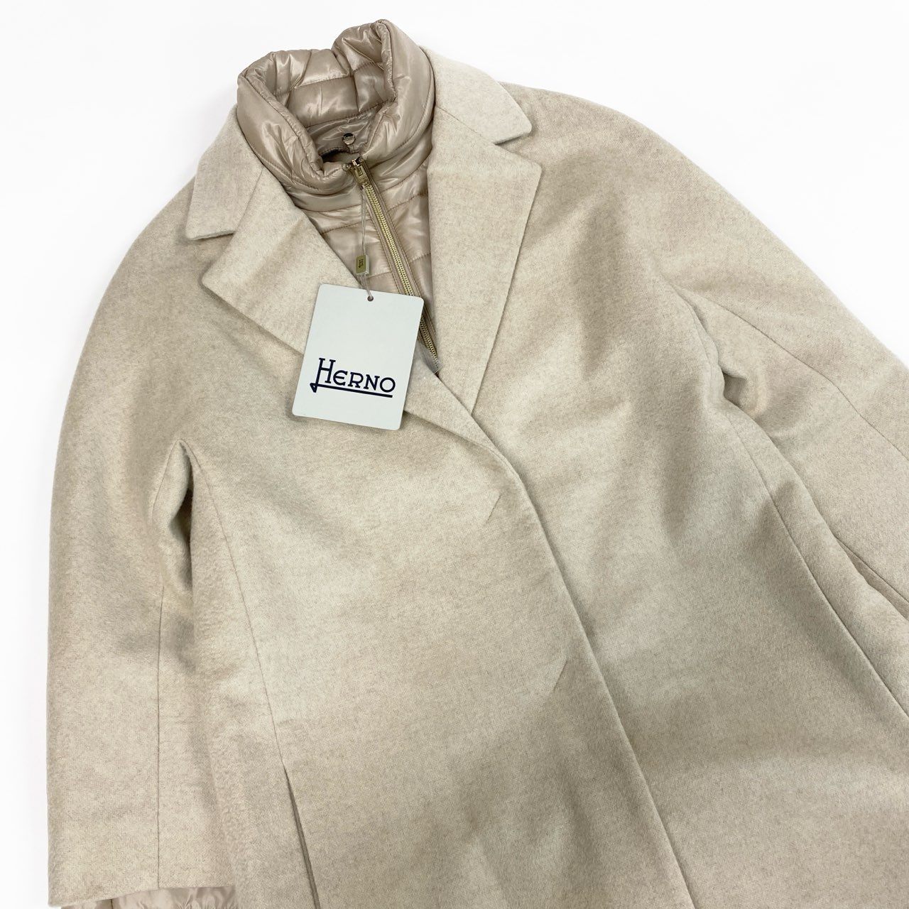 37a19 【未使用】 HERNO ヘルノ ピュアカシミア & ナイロンウルトラライトコート チェスターコート 2way ロング レディース 女性用 サイズ42 ライトベージュu02t