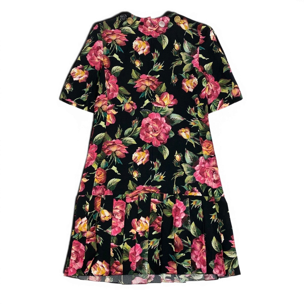 79g1 DOLCE&GABBANA ドルチェアンドガッバーナ ローズプリント 半袖ワンピース プリーツ切替 花柄 装飾ボタン ドレスワンピース サイズ36 ブラック レディースu02t