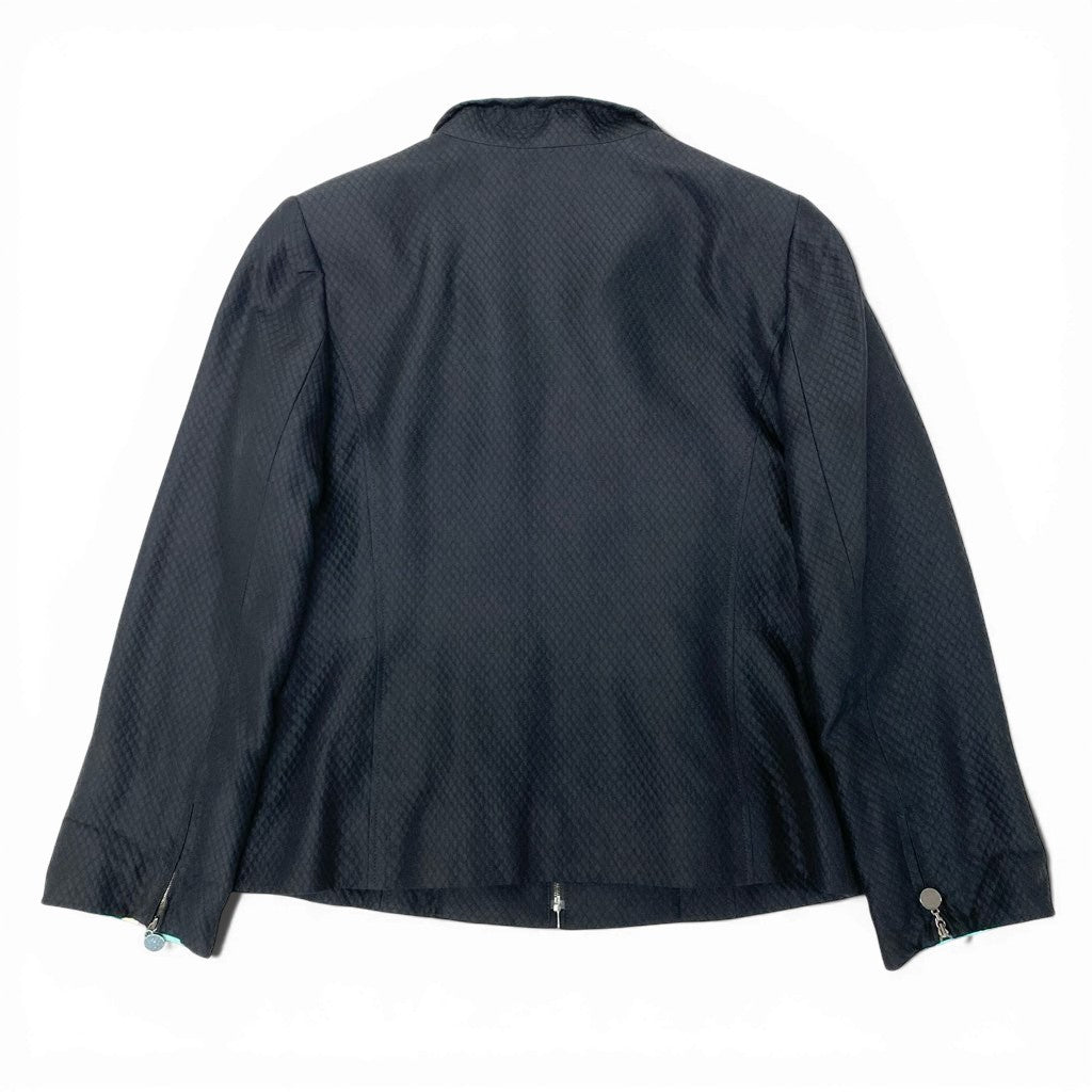 63a12 LEONARD FASHION レオナール フルジップ ジャケット ロングスリーブ 美しい花柄プリント〇 裏地花柄 レディース 42 ブラック シルク ウールo07t