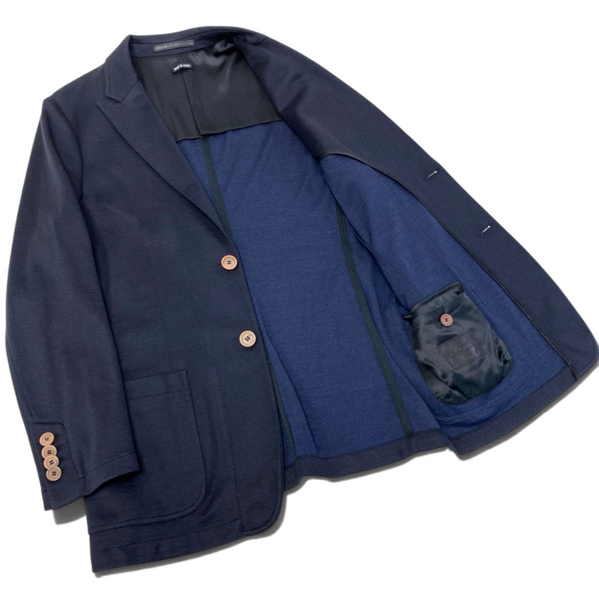 69j8 GIORGIO ARMANI ジョルジオアルマーニ レザータグ 本切羽 ストレッチテーラードジャケット サイズ50 ネイビー ブレザーt18r