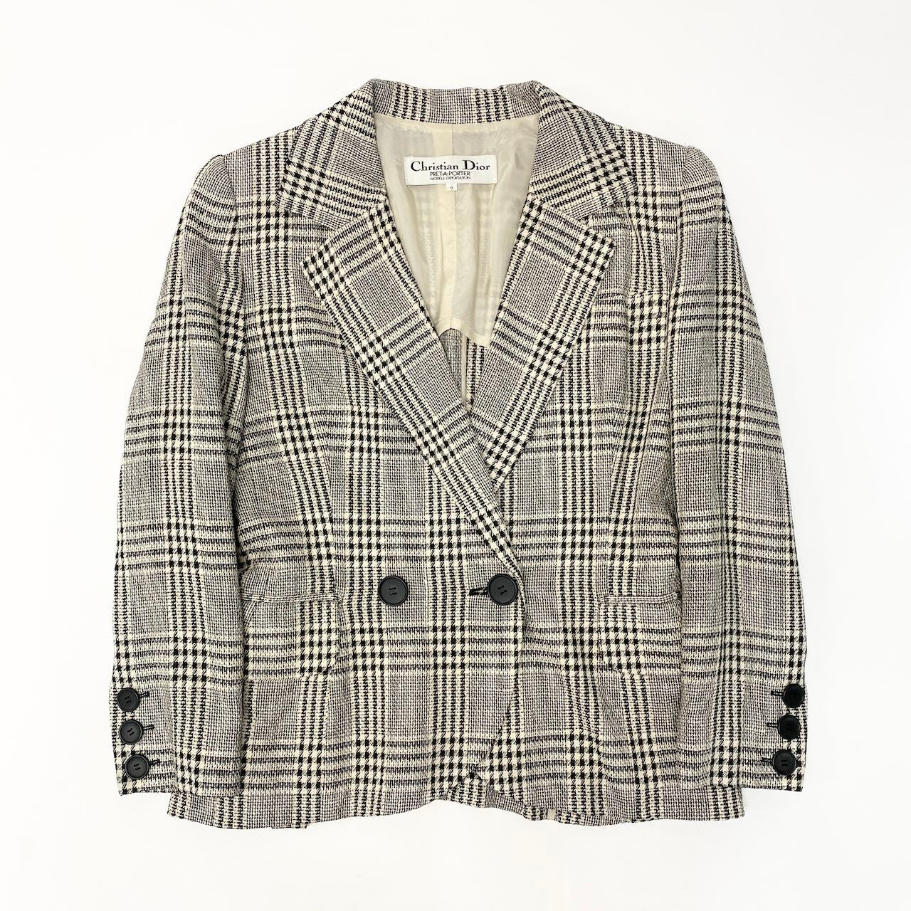 10c29 Christian Dior クリスチャンディオール ダブルプレストテーラードジャケット ブレザー チェック柄 7サイズ ベージュ ブラック レディース 女性用o07t