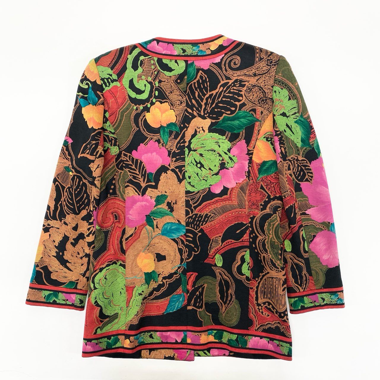 58k22 LEONARD FASHION レオナール ノーカラージャケット ロングジャケット 美しい花柄プリント 金ボタン シルクウール レディース 女性用 9AR マルチカラーu02t