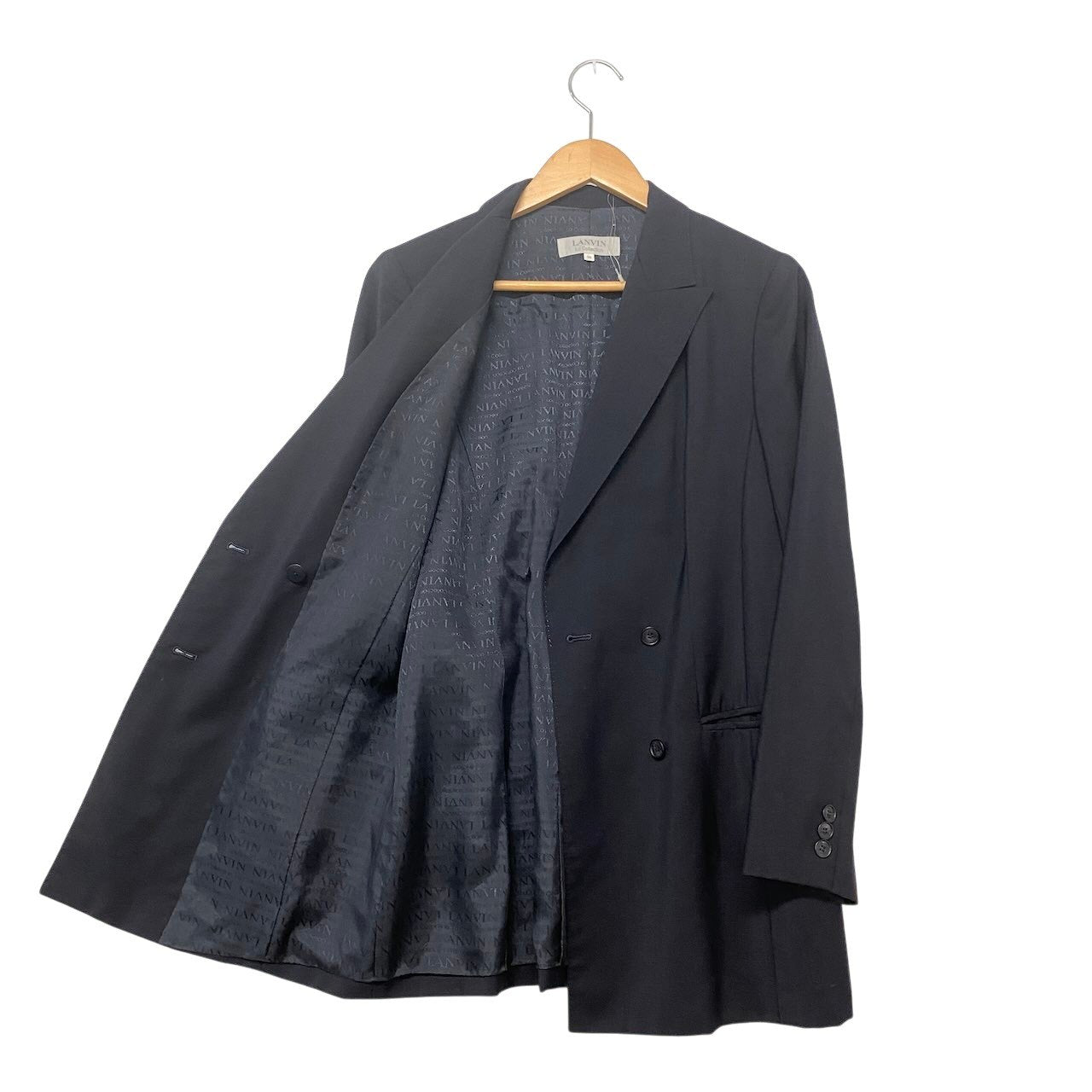 10h28 LANVIN La Collection ランバンコレクション ダブルブレスト テーラードジャケット ロングジャケット 裏地総柄 ウールモヘヤ混 サイズ38 ネイビー レディースo07t