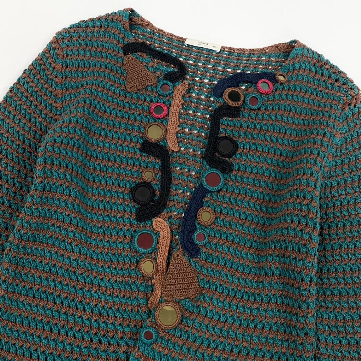 d12 【アーカイブ】PRADA プラダ 2005SS サマーニットコート クロシェトリム カーディガン サイズ40 グリーン レディースk02i