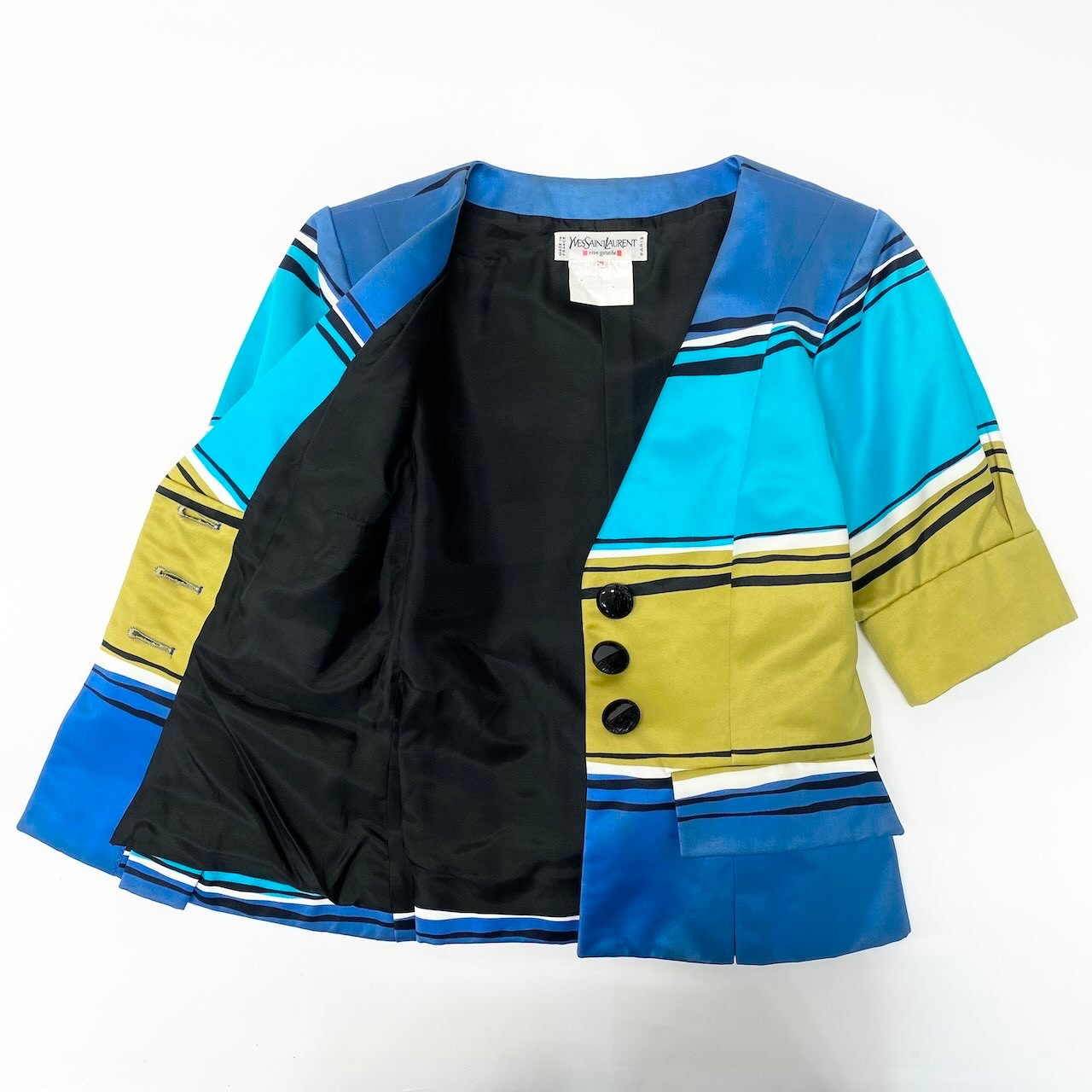 66d27 YVES SAINT LAURENT イヴサンローラン ノーカラージャケット コットンジャケット ボーダー フランス製 サイズ34 マルチカラー 綿100％ レディース 女性用u02t