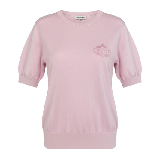 12a23 Christian Dior クリスチャンディオール 半袖ニット サマーセーター トップス エンブレム刺繍 M ピンク コットン レディースu02t