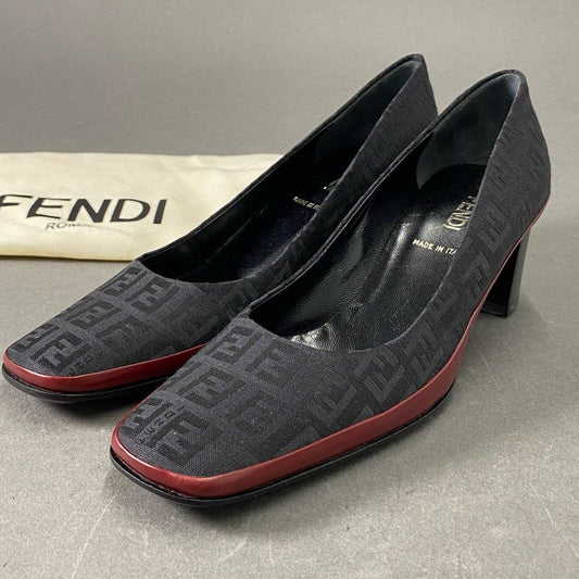 9f13 《美品》 FENDI フェンディ ズッカ柄 チャンキーヒール パンプス 36 ブラック レッド キャンバス イタリア製 シューズ