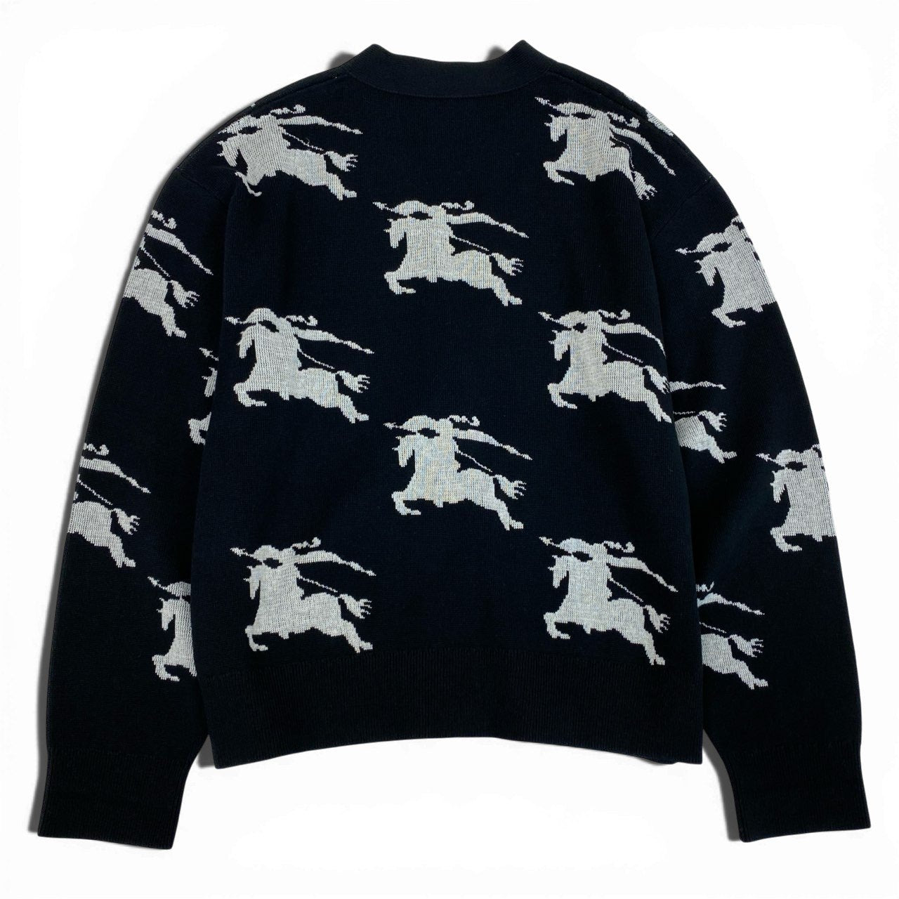 20a14 BURBERRY LONDON ENGLAND バーバリー ニットカーディガン 総柄 馬ロゴ エクエストリアンナイト コットン混 レディース 女性用 XS ブラック ホワイトo07t