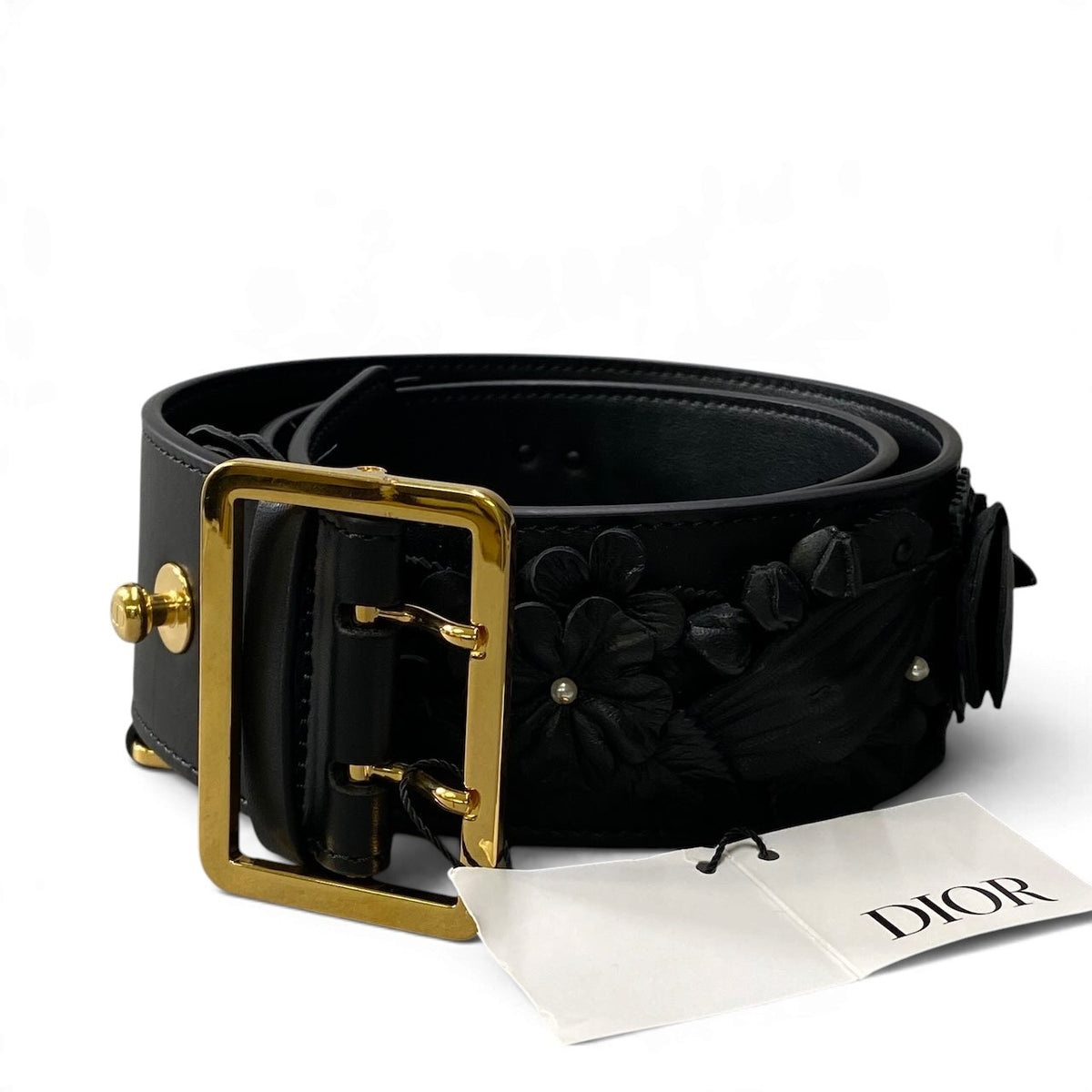 j13 【新品保管品】DIOR フラワーモチーフ レザーベルト 花柄 装飾 イタリア製 35-MA-0273-75 ブラック レザー レディース 女性用k02i