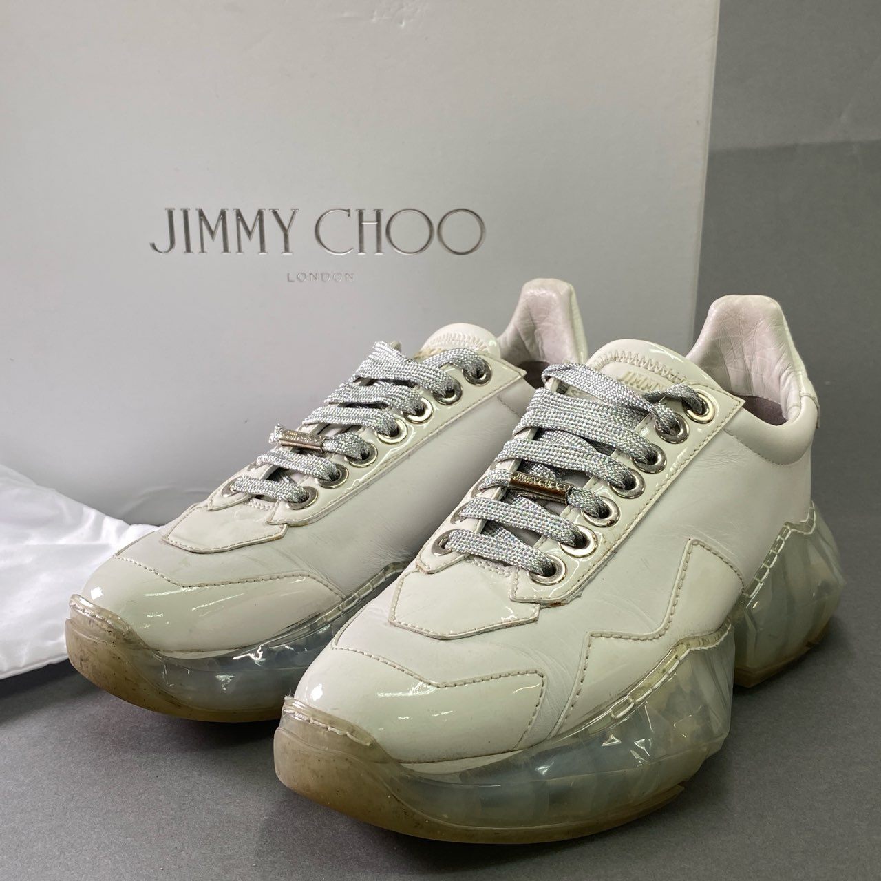 2j4 JIMMY CHOO ジミーチュウ イタリア製 ダイヤモンド ローカットスニーカー シューズ 36 ホワイト レザー