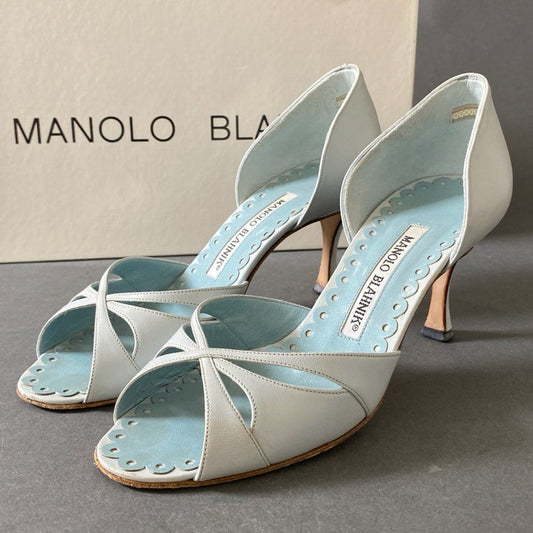 2g13 MANOLO BLAHNIK マノロブラニク オープントゥ レザーパンプス サンダル サイズ34 1/2 ライトブルー レディース