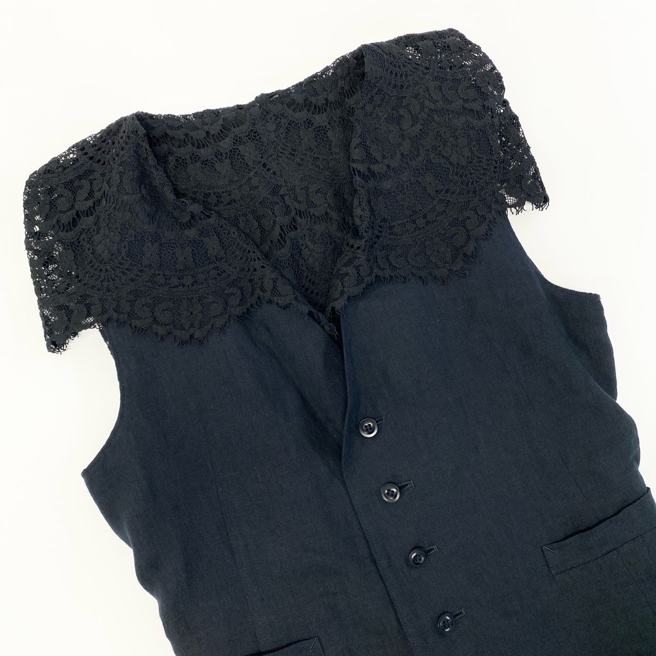 Aa21 Y's ワイズ ヨウジヤマモト レースレイヤードデザイン リネンジレ ベスト サイズ2 ブラック レディース デザイナーズk02i