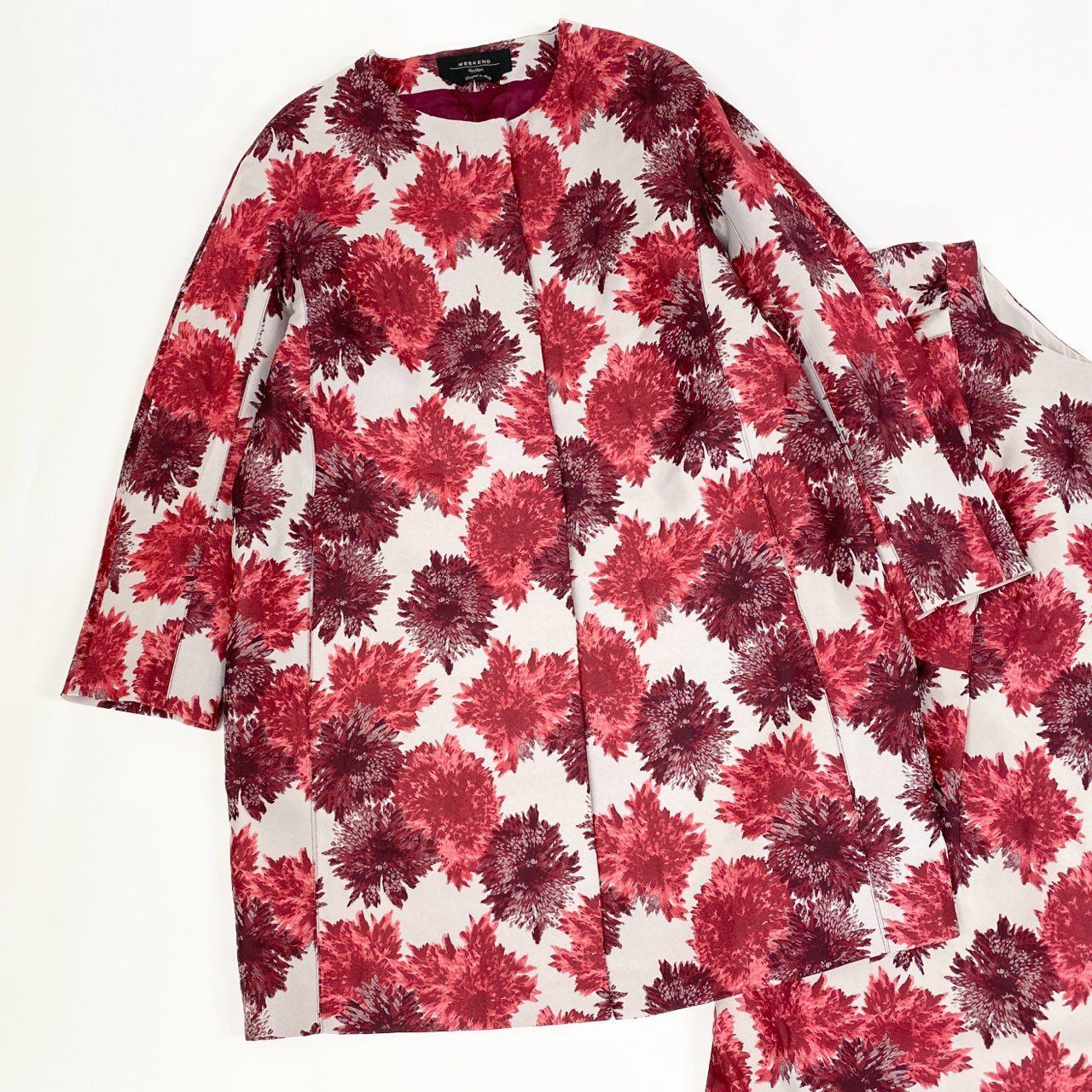 65a14 【未使用】 WEEKEND Max Mara ウィークエンド マックスマーラ ノースリーブワンピース ノーカラーコート 花柄  レディース 女性用 大きいサイズ 40/42 ホワイト レッド系u02t