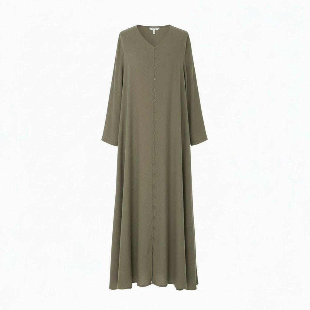 28k29【美品】JURGEN LEHL ヨーガンレール 長袖リネンワンピース ロングワンピース フレア リネン100％ J0103FA011 Mサイズ カーキ レディースu02t