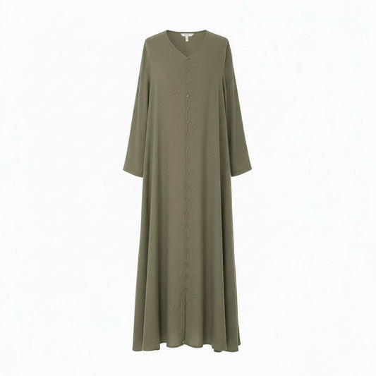 28k29【美品】JURGEN LEHL ヨーガンレール 長袖リネンワンピース ロングワンピース フレア リネン100％ J0103FA011 Mサイズ カーキ レディースu02t