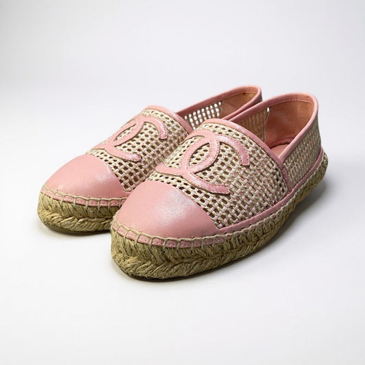 2a23 《美品》 CHANEL シャネル ココマーク エスパドリーユ メッシュ スリッポン G37302 サイズ35 ピンク レザー フラットシューズ 箱付きt18r