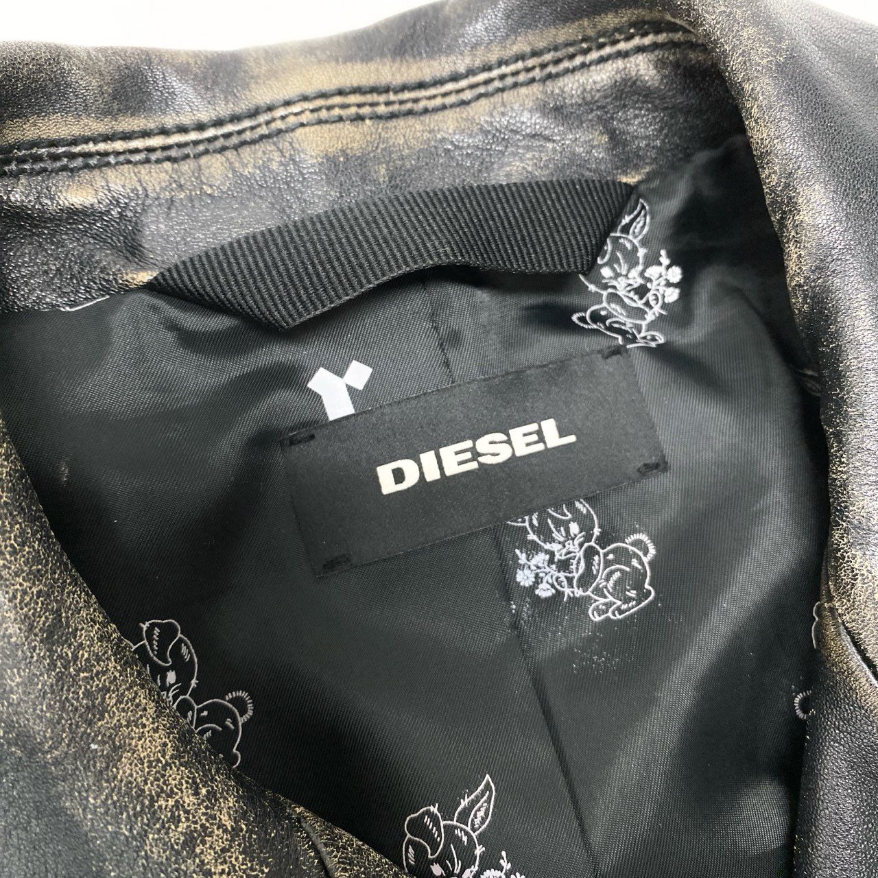 83c3 DIESEL ディーゼル ダブルライダースジャケット レザージャケット ダメージ加工 ペイント ワッペンデザイン XXSサイズ ブラック 羊革 レディース 女性用o07t