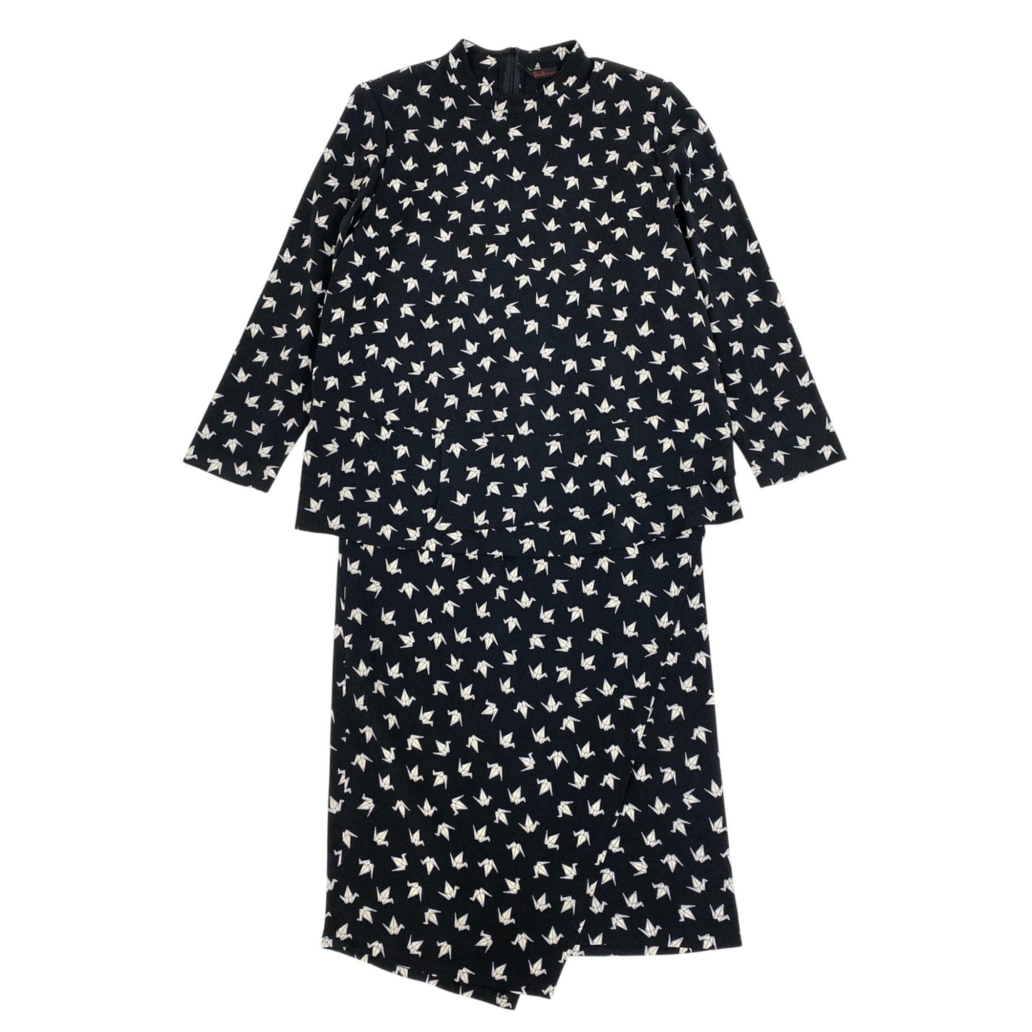 47d16 【美品】 詩仙堂 BY HITOSHI シセンドウ セットアップスカート ちりめん 折り鶴 総柄プリント ロングスリーブカットソー ロングスカート ブラック ポリエステル100％ レディース 女性用u02t