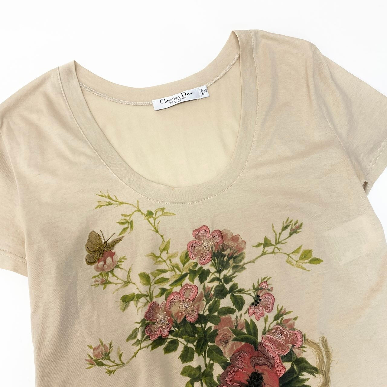 Ed22 Christian Dior クリスチャンディオール ガリアーノ期 半袖コットンTシャツ Uネック 花刺繍 トップス 46サイズ ベビーピンク コットン100％ レディース 女性用nu1