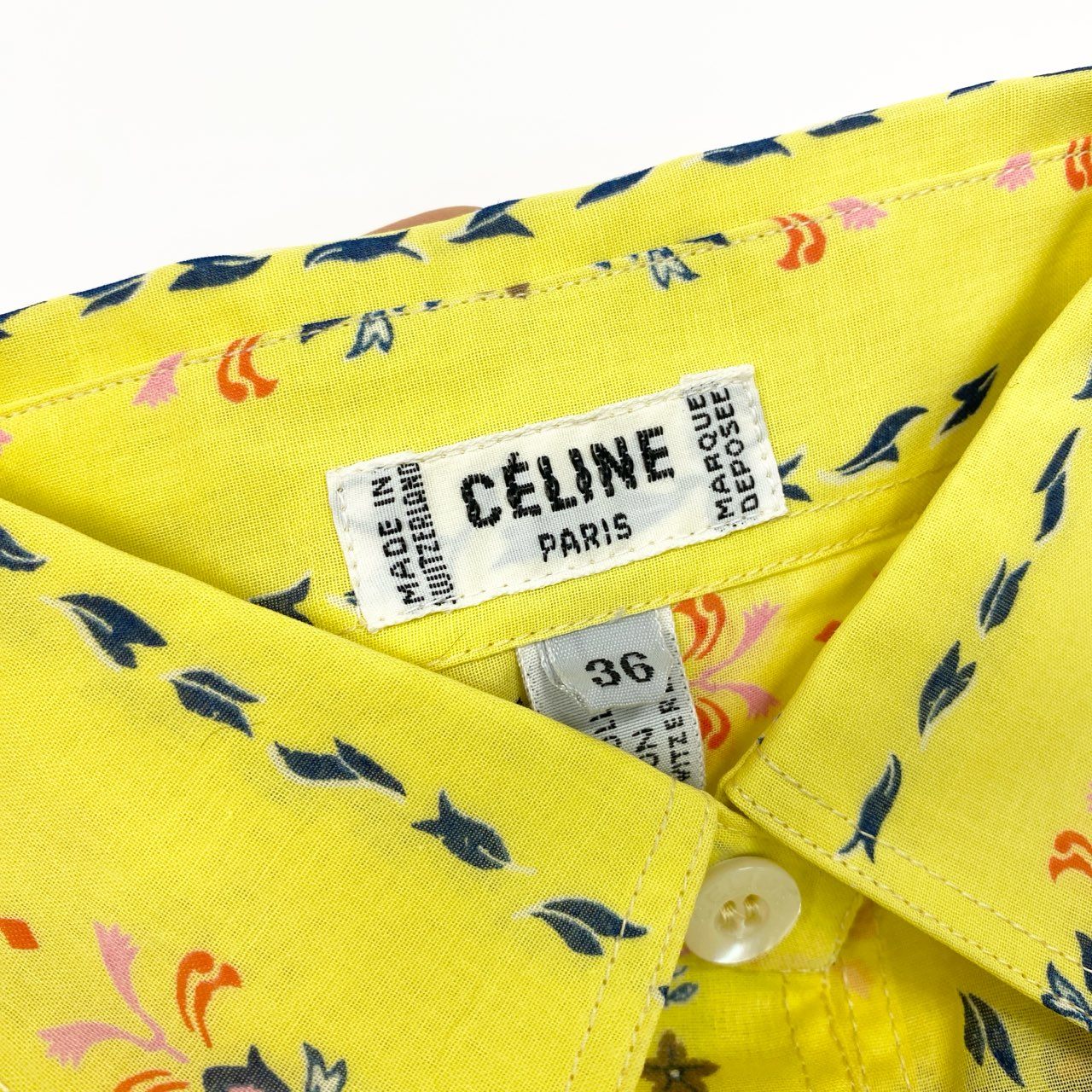 52b10 【極美品】CELINE セリーヌ デッドストック 80’s 長袖フローラルプリントシャツ Button-Down Shirt in Bright Yellow 36サイズ イエロー コットン100％ レディース 女性用ta1