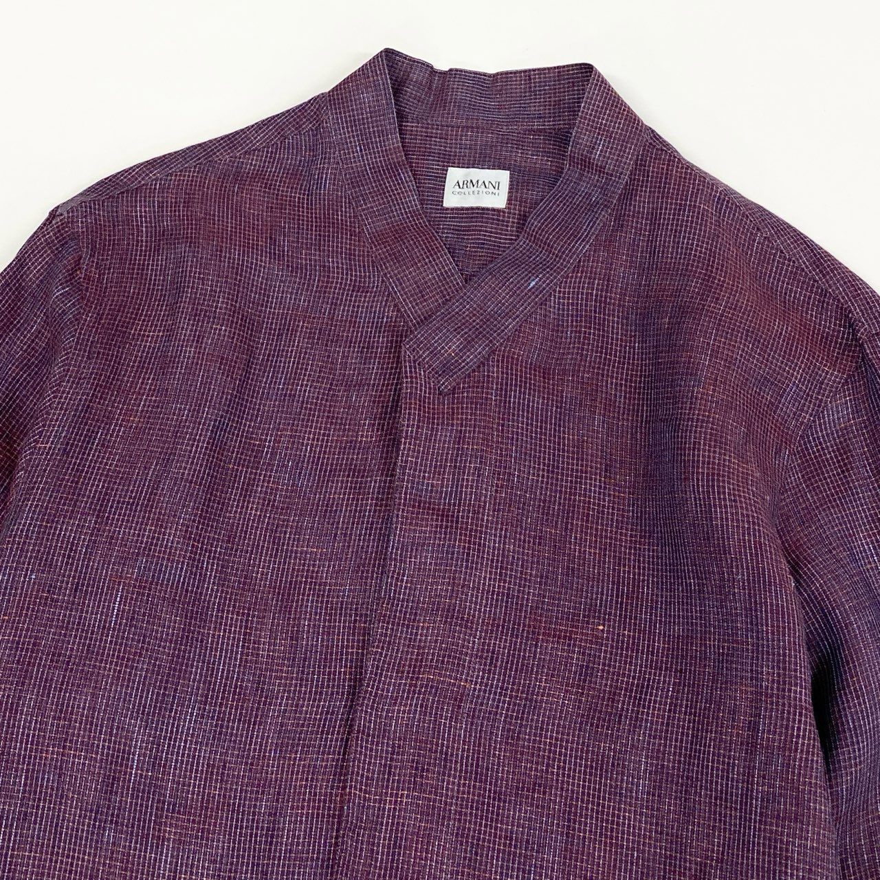 31a26 ARMANI COLLEZIONI アルマーニコレツィオーネ ノーカラーシャツ 長袖 チェック柄 比翼ボタン S パープル メンズ 男性用o07t