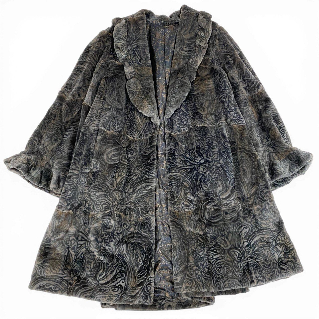 7b22 希少デザイン シェアード ロングコート サイズF パープル 本毛皮 総柄 Shared Fur Long Coatt18r