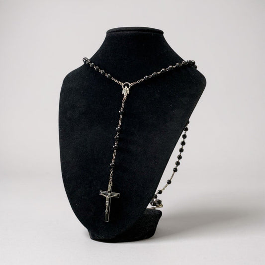 a6 DOLCE&GABBANA ドルチェアンドガッパーナ ロザリオネックレス 十字架 クロス ネックレス アクセサリー イタリア製 ブラック シルバー レディースk02i