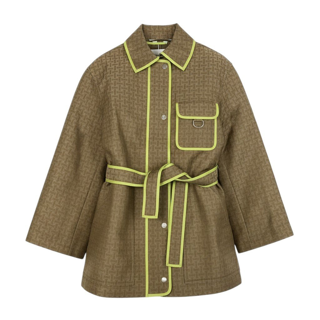 59i15 《未使用品》 HERMES エルメス 22AW Hモザイク サファリジャケット コート 2H0117DP 36 カーキ系 コットン ライナー ベルト付きu02t