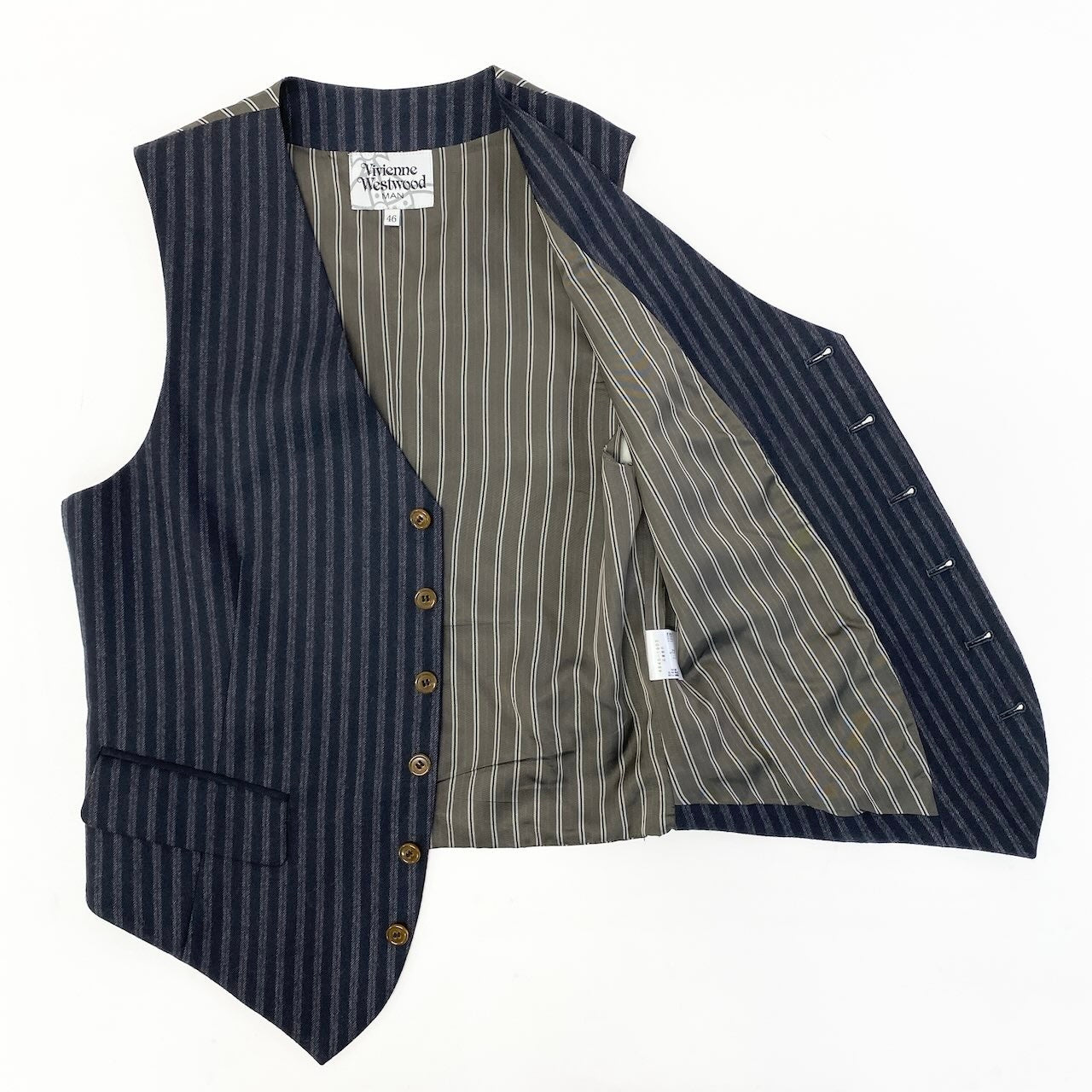 20d30 VivienneWestWood MAN ヴィヴィアンウエストウッドマン 異素材切替 ジレベスト ストライプ柄 サイズ46 ネイビー グレー メンズ 紳士服u02t