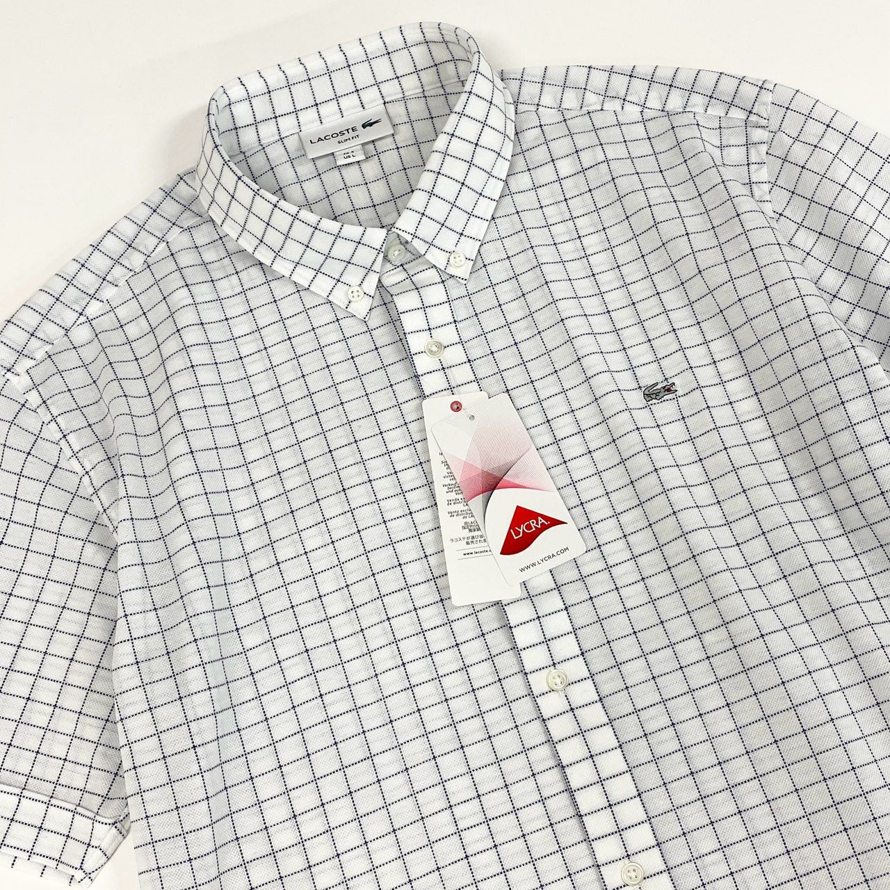 18f19 《未使用保管品》タグ付 LACOSTE ラコステ ウィンドウペン ビズポロシャツ 半袖 ボタンダウンシャツ ロゴワッペン PH763EL 5 ホワイト コットン