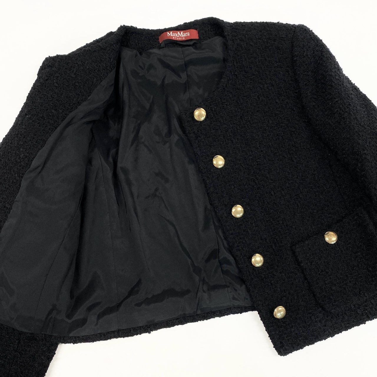 46L8 MaxMara マックスマーラ ツイードジャケット ノーカラージャケット 金ボタン アウター 36サイズ ブラック レディースk02i