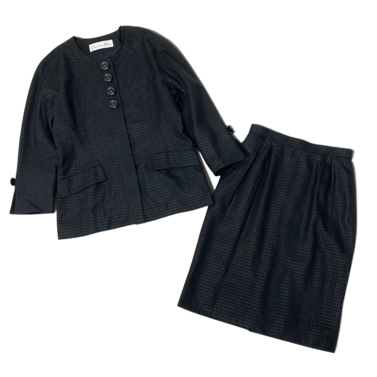 60i16 Christian Dior クリスチャンディオール セットアップ スカートスーツ ノーカラージャケット 千鳥格子柄 サイズ13 ブラック レディースo07t