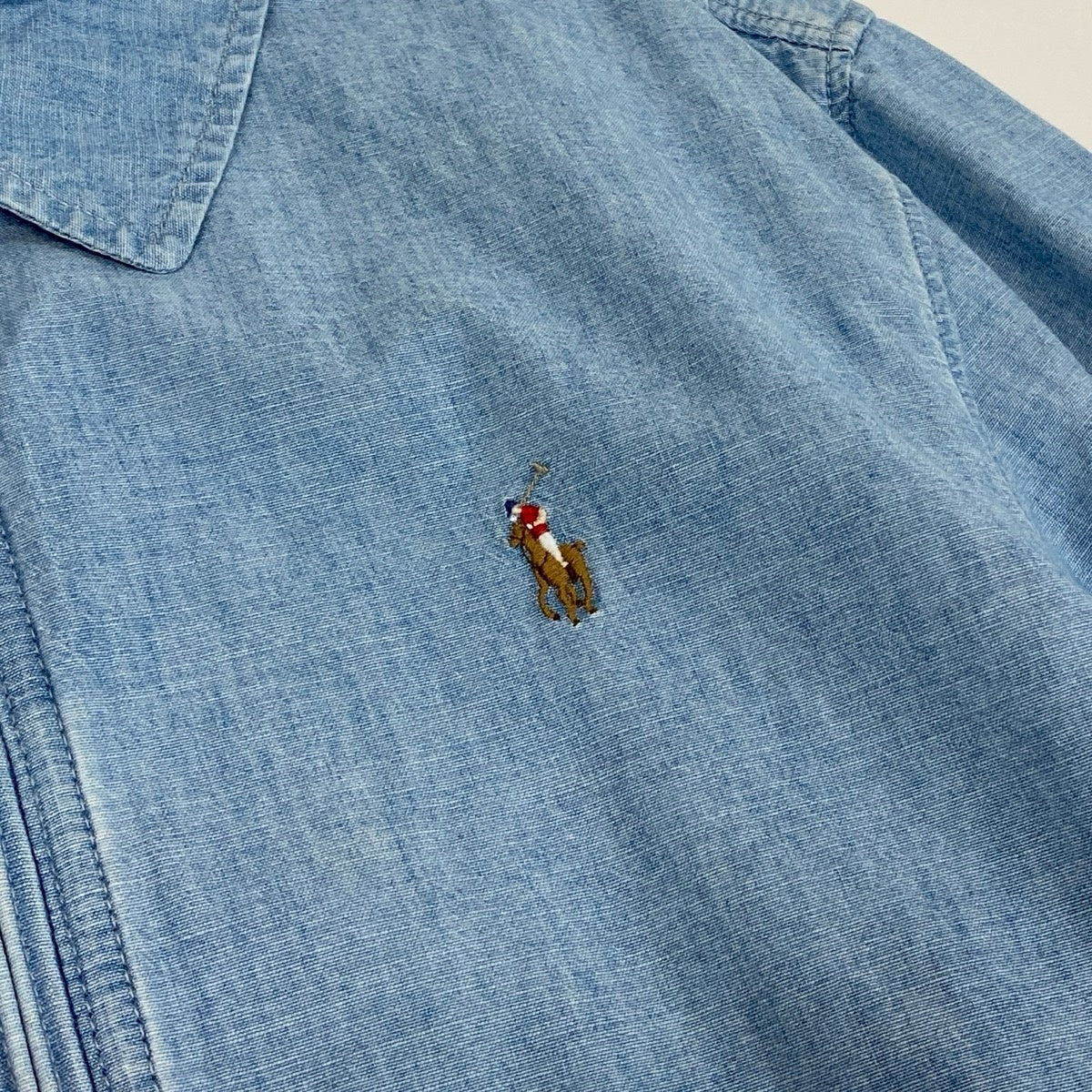 84c29【美品】 Polo by Ralph Lauren ポロバイラルフローレン デニムシャンブレー ブルゾン 近年 ダブルジップ ロゴ刺繡 L/G ライトブルー コットン100％ メンズ 紳士服u02t