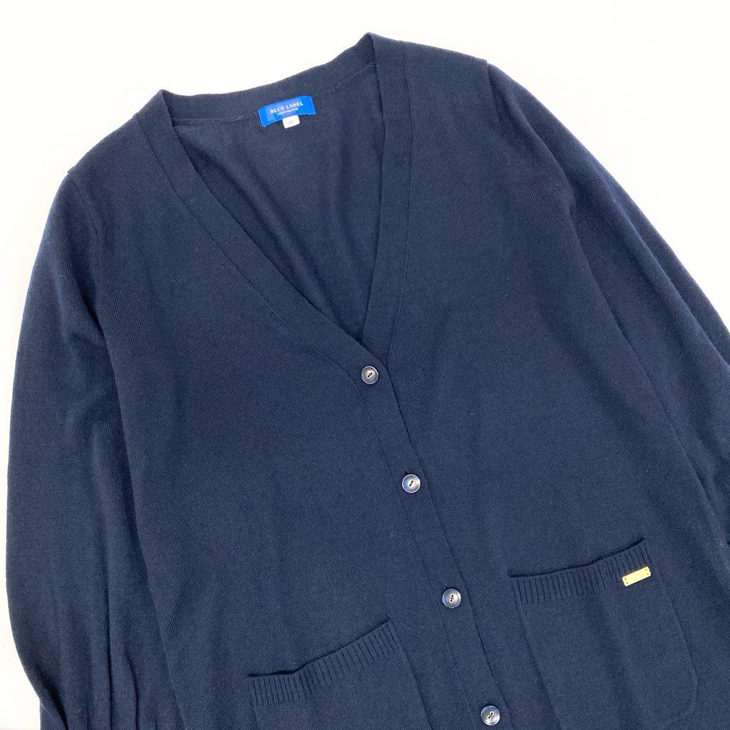 81L15 【美品】BULE LABEL CRESTBRIDGE ブルーレーベル クレストブリッジ ロングカーディガン ニットワンピース キャンディスリーブ Vネック チェック柄 55F90-829-29 38サイズ ネイビー レディースu02t