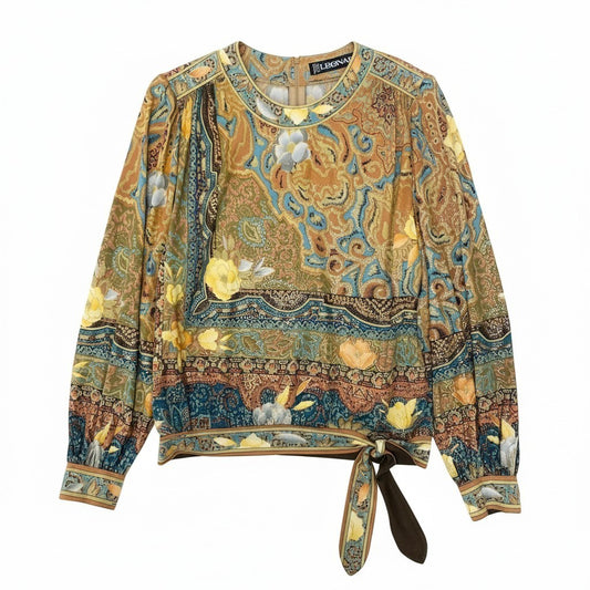 18e29 LEONARD FASHION レオナール パフスリーブ カットソー サイドリボン 美しい花柄プリント トップス サイズ9R マルチカラー シルク100％ レディース 女性服o07t